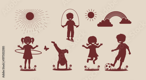 Silhouettes of children playing outdoors with jumping rope soccer ball hula hoop and nature icons