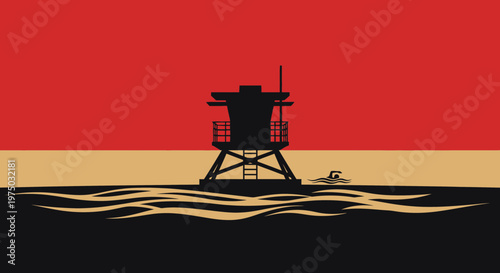 Iconic Lifeguard Tower Sunset Beach Scene With Swimmer