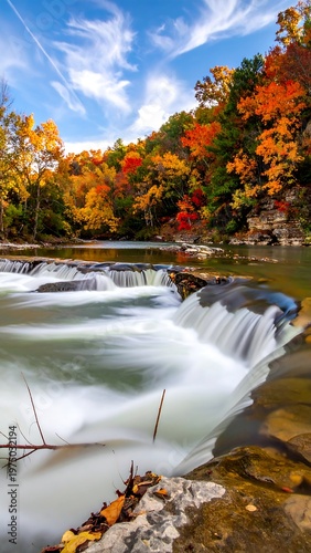 A vibrant autumnal scene of a flowing river cascade, bordered by colorful trees under a streaked blue sky