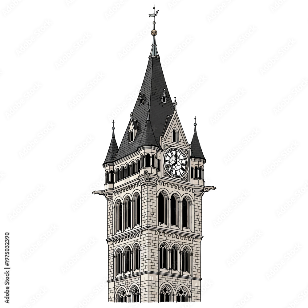Obraz premium A tall clock tower with a steeply pitched roof.