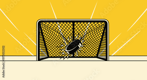 Hockey Puck Smashes Through Goal Net Dynamic Action Shot