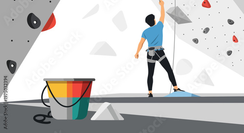 Indoor Climber Ascends Textured Wall With Chalk Bucket Ready