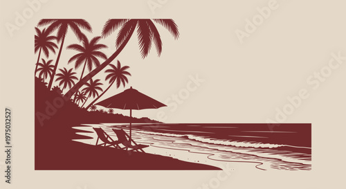 Tropical Beach Scene with Palm Trees Umbrella and Lounge Chairs Vector Illustration Silhouette Style