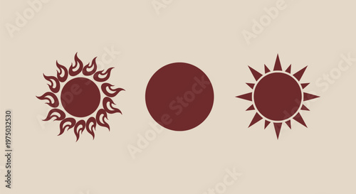 Minimalist Set of Sun and Moon Celestial Icons in Deep Red for Bohemian Style Graphic Decorations
