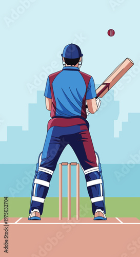 Illustrative Cricket Player Ready to Bat Against a City Skyline Background