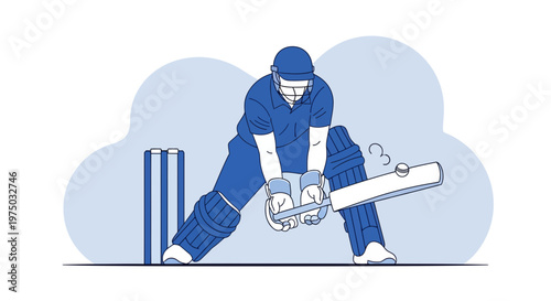 Illustrative depiction of a cricketer batting during a game captured in minimalist style