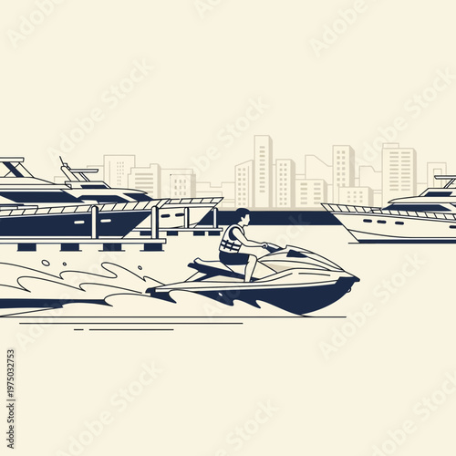 Jet Ski Adventure On The Water With Yachts And Cityscape In The Background