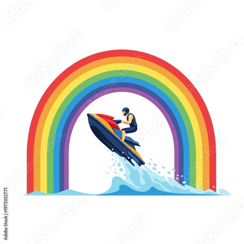 Jet Ski Adventure Under Vibrant Rainbow Arc With Water Splashes