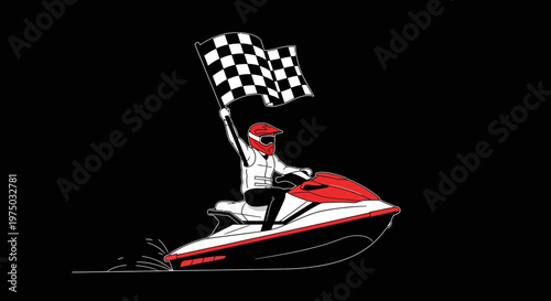 Jet Ski Champion Waves Checkered Flag Celebrating Victory In Water Race Action