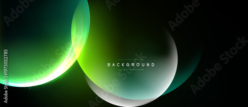 Abstract design features flowing green shapes, gradients, light effects. Dark background emphasizes luminous curves, creating modern visual.