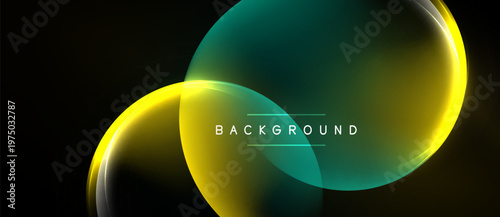 Abstract design features overlapping colorful shapes. Yellow, teal gradients create dynamic visual effect. Minimalist style, dark background.