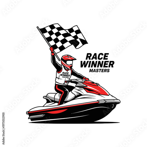 Jet Ski Racer Triumphantly Waves Checkered Flag Celebrating Victory In Water Sports Competition