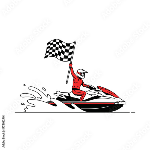 Jet Ski Racer Triumphantly Waves Checkered Flag Victory at Finish Line