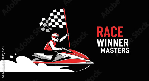 Jet Ski Racer Victoriously Waves Checkered Flag Celebrating Win