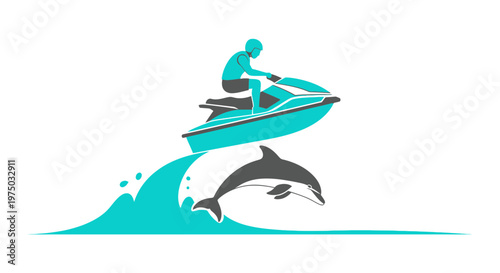 Jet Ski Rider And Dolphin Leap Over Water Waves