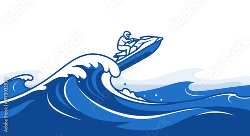Jet Ski Rider Ascending A Blue Wave Mid-Action Vibrant Ocean Sport Illustration