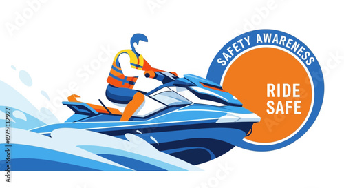 Jet Ski Rider Embraces Safety On The Water A Vibrant Aquatic Adventure Illustration