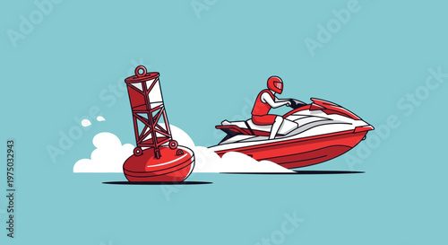 Jet Ski Rider Navigates Near Navigational Buoy on Calm Waters