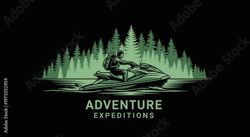 Jet Ski Rider Navigating Water Amidst Forest Serenity