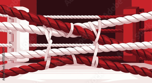 Intense Boxing Ring Ropes Vivid Red and White Battleground Preparation