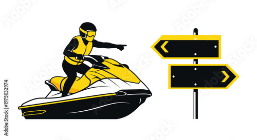 Jet Ski Rider Points Direction Near Road Sign