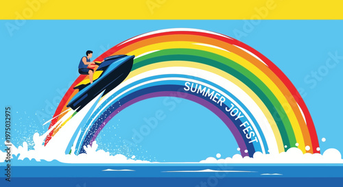 Jet Ski Rider Soaring Over Rainbow Arc With Summer Joy Fest Text
