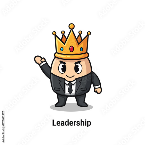 A cartoon character in a business suit and crown for leadership.