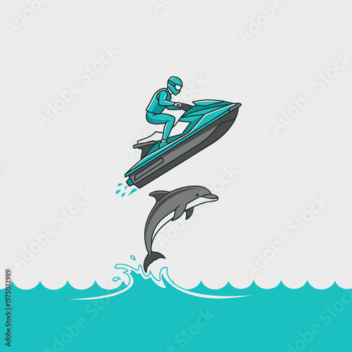 Jet Ski Rider Surfing Wave Alongside Dolphin Ocean Adventure