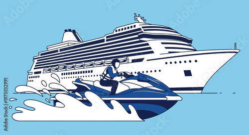 Jet Ski Thrills Beside A Majestic Cruise Ship In Blue Waters
