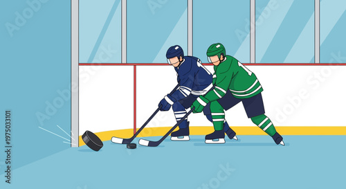 Intense Hockey Match Players Compete For The Puck On Ice