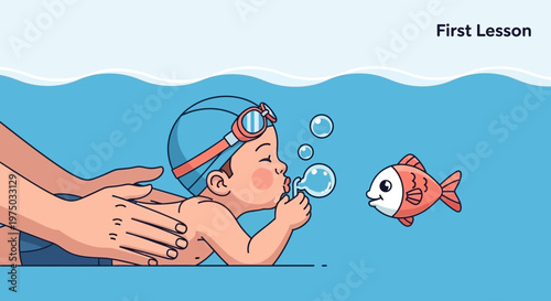 Joyful Child Blowing Bubbles Underwater With Fish During First Swim Lesson