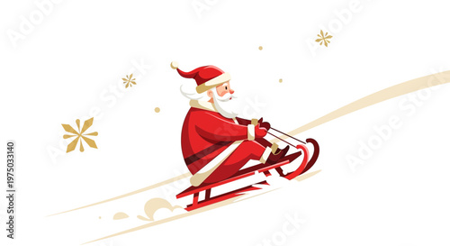 Joyful Santa Claus Riding a Sled Downhill in a Winter Wonderland Scene
