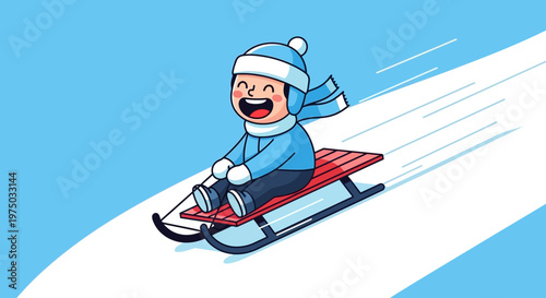 Joyful Child Gleefully Sledding Down Snow Covered Hill