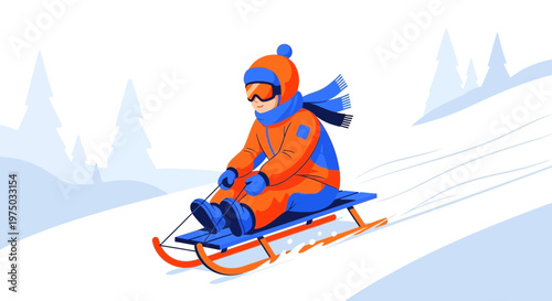 Joyful Child Rides Sled Down Snowy Hill Exciting Winter Recreation