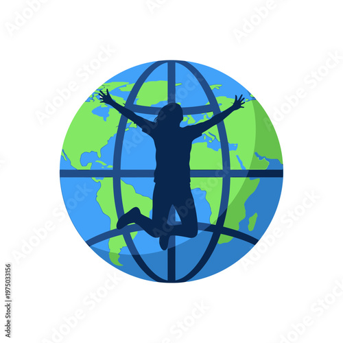 Joyful Silhouette Person Leaping Across A Stylized Planet Earth