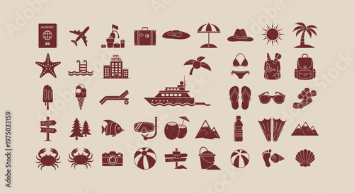 Set of Summer Vacation and Travel Icons Featuring Beach Elements Tropical Holiday and Outdoor Gear