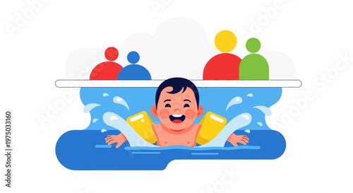 Joyful Child Learns To Swim With Armbands In Pool With Family Watching