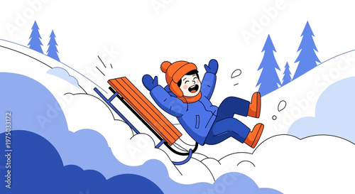 Joyful Child Sledding Down Snowy Hill With Excitement