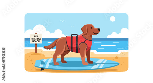 Joyful Dog Enjoys Sunny Beach Day on Surfboard