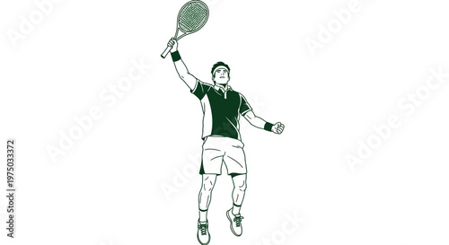 Joyful Tennis Player Celebrates Victory With Raised Racket and Energetic Jump
