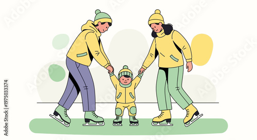 Joyful Family Ice Skating Together Holding Hands For Winter Fun