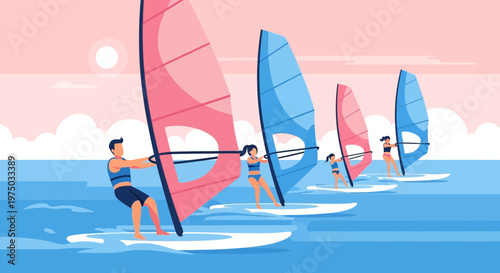 Joyful Windsurfing Expedition Across Sparkling Blue Waters