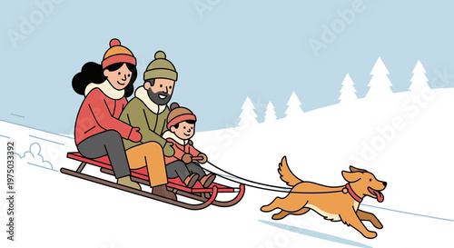 Joyful Family Sledding Adventure Pulled By Energetic Dog In Snowy Landscape