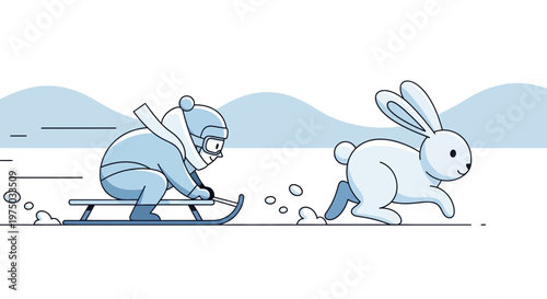 Joyful Winter Sled Ride With A Running Rabbit Companian