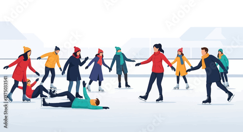 Joyful Ice Skating Group Fun And Falls On The Rink