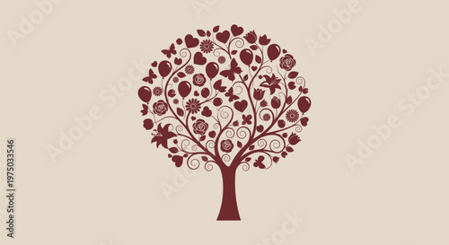 Stylized Love Tree Graphic with Hearts Flowers Balloons and Butterflies for Celebration and Decor
