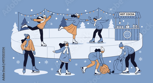 Joyful Ice Skating Scene Diverse Group Enjoying Winter Activity