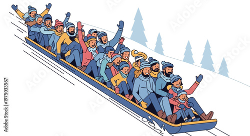 Joyful Winter Sledding Adventure With A Large Group Of Friends