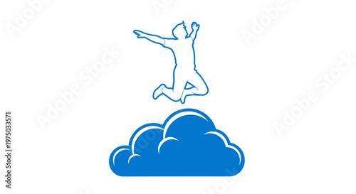 Joyful Leap Above Blue Cloud Silhouette Represents Freedom And Achievement