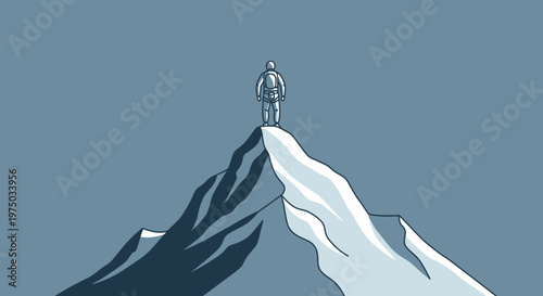 Lone Climber Ascends Snowy Mountain Peak Against Clear Sky